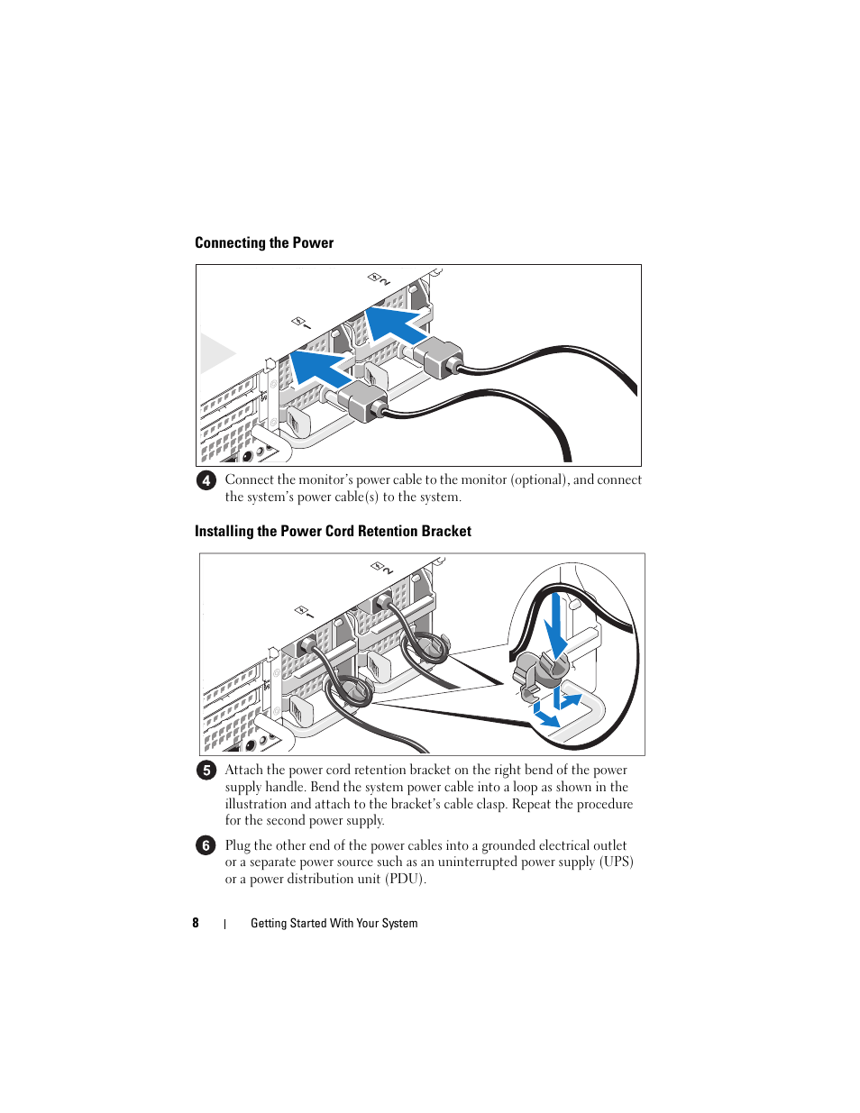 Connecting the power, Installing the power cord retention bracket | Dell POWEREDGE R805 User Manual | Page 10 / 130