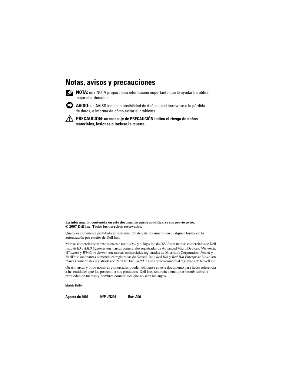 Notas, avisos y precauciones | Dell POWEREDGE R805 User Manual | Page 104 / 130