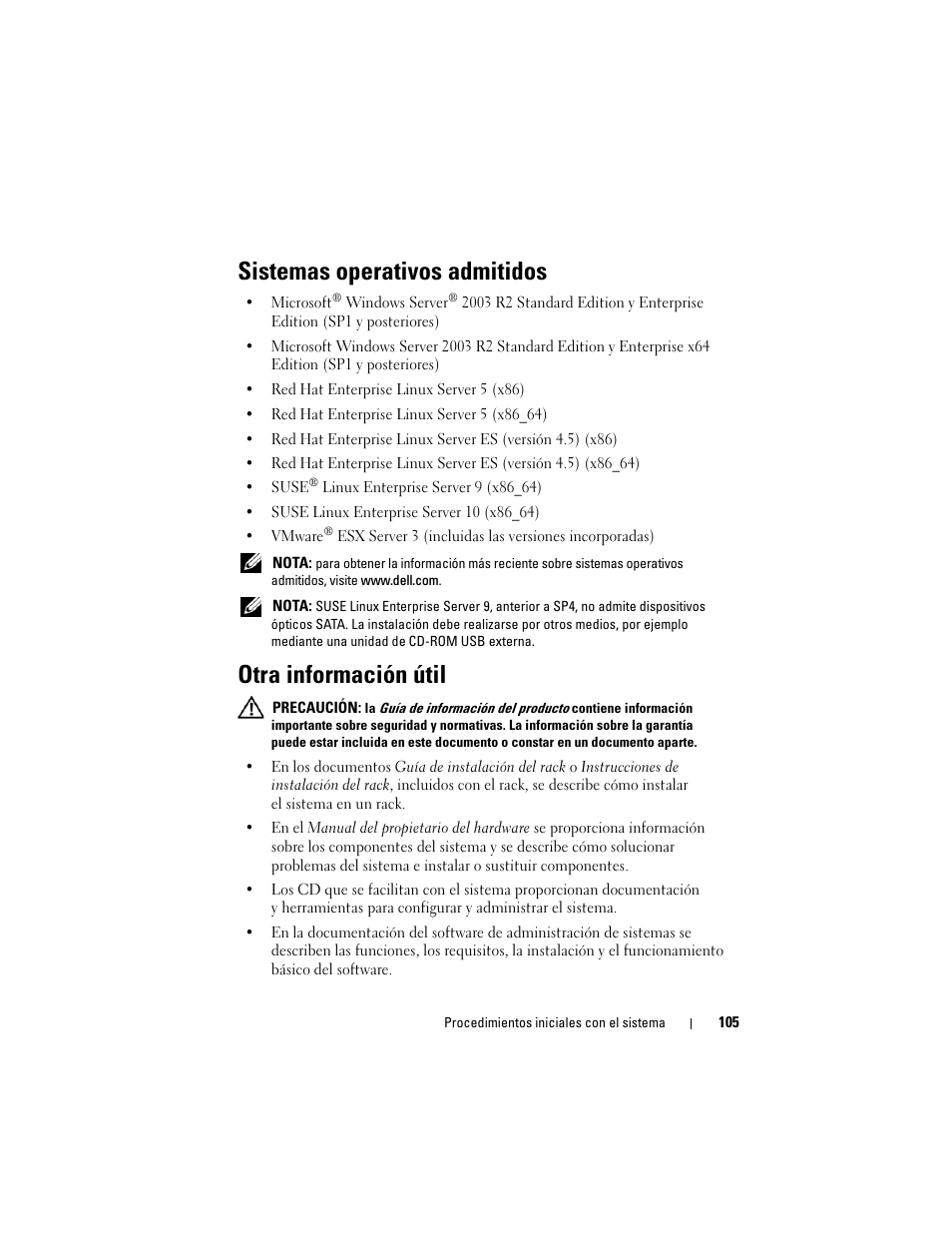 Sistemas operativos admitidos, Otra información útil | Dell POWEREDGE R805 User Manual | Page 107 / 130