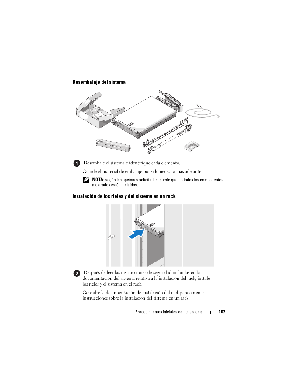 Desembalaje del sistema, Instalación de los rieles y del sistema en un rack | Dell POWEREDGE R805 User Manual | Page 109 / 130