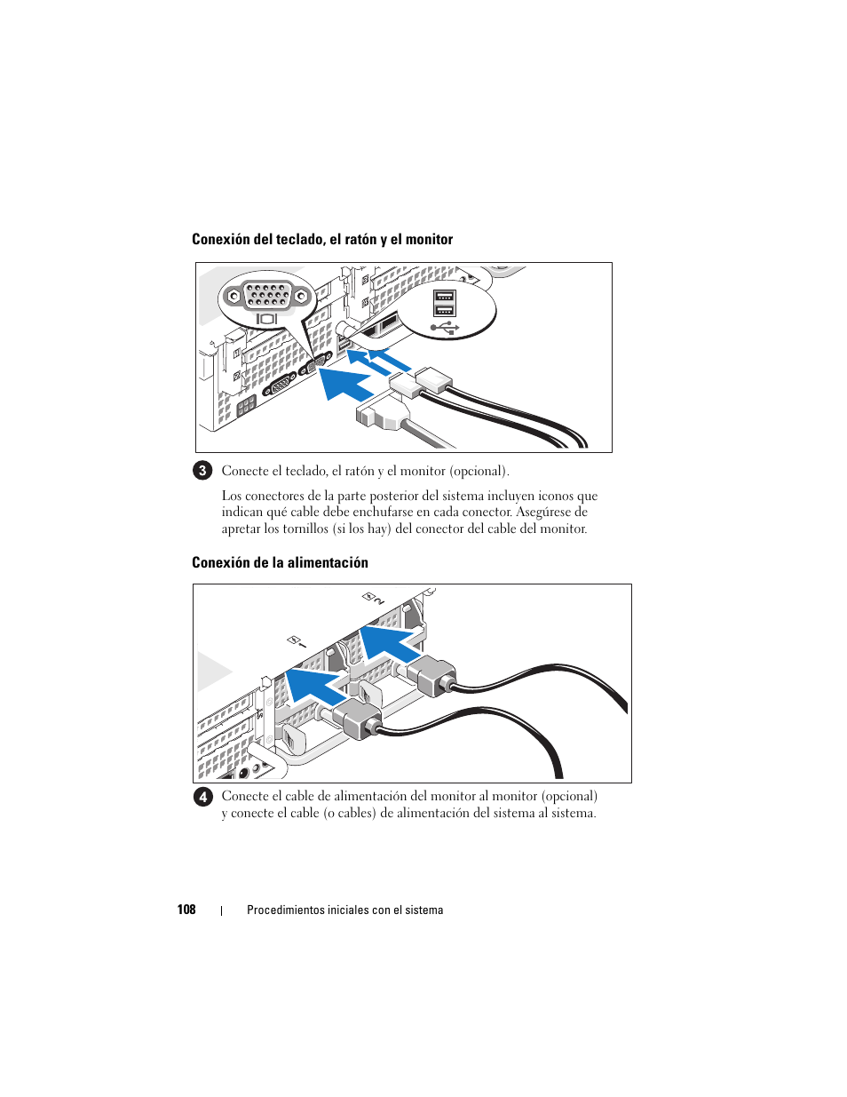 Conexión del teclado, el ratón y el monitor, Conexión de la alimentación | Dell POWEREDGE R805 User Manual | Page 110 / 130