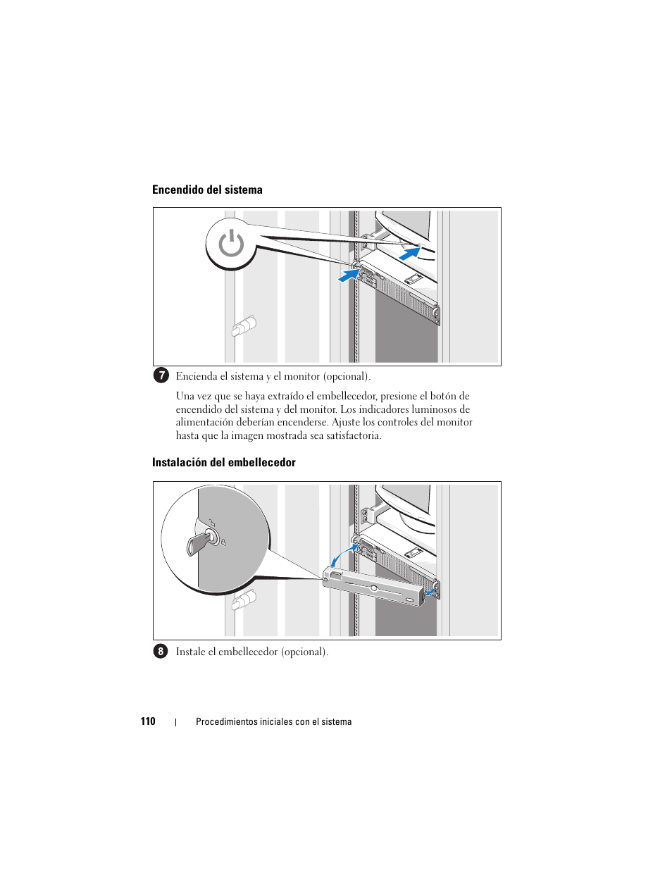 Encendido del sistema, Instalación del embellecedor | Dell POWEREDGE R805 User Manual | Page 112 / 130