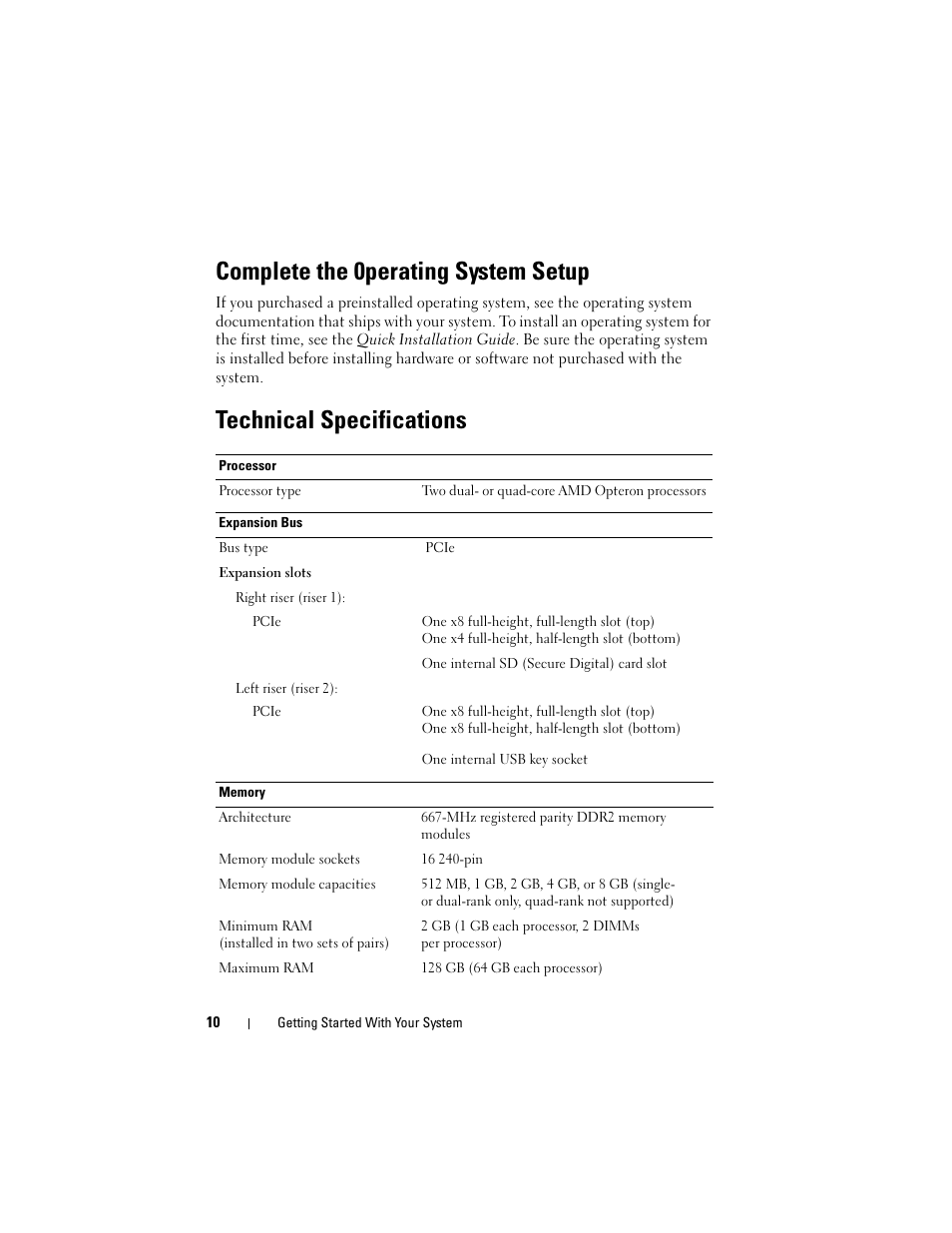 Complete the 0perating system setup, Technical specifications | Dell POWEREDGE R805 User Manual | Page 12 / 130