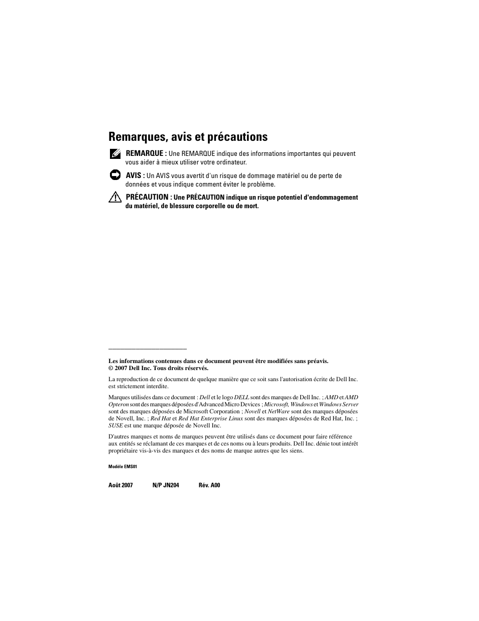 Remarques, avis et précautions | Dell POWEREDGE R805 User Manual | Page 32 / 130