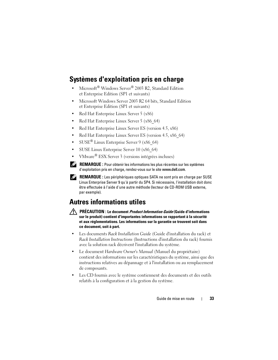 Systèmes d'exploitation pris en charge, Autres informations utiles | Dell POWEREDGE R805 User Manual | Page 35 / 130