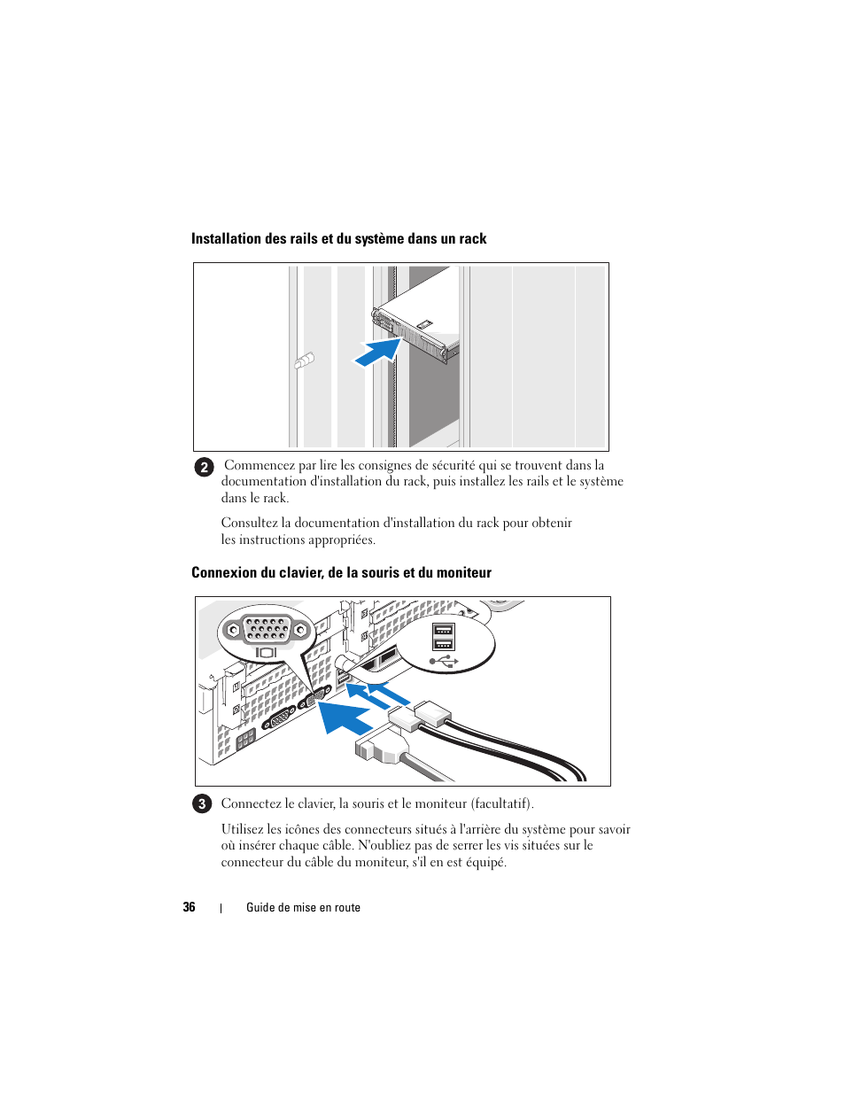 Installation des rails et du système dans un rack, Connexion du clavier, de la souris et du moniteur | Dell POWEREDGE R805 User Manual | Page 38 / 130