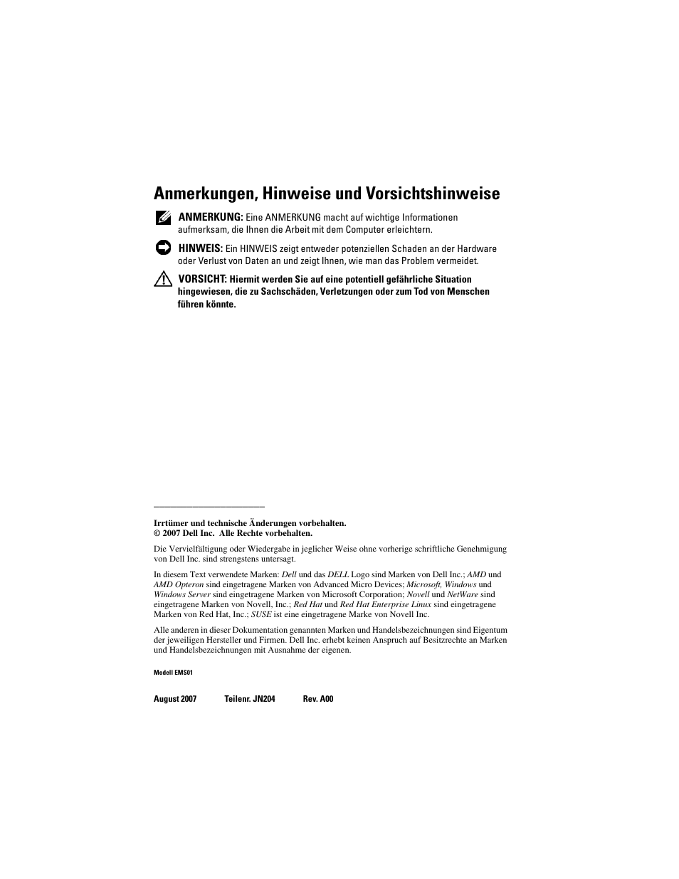 Anmerkungen, hinweise und vorsichtshinweise | Dell POWEREDGE R805 User Manual | Page 48 / 130