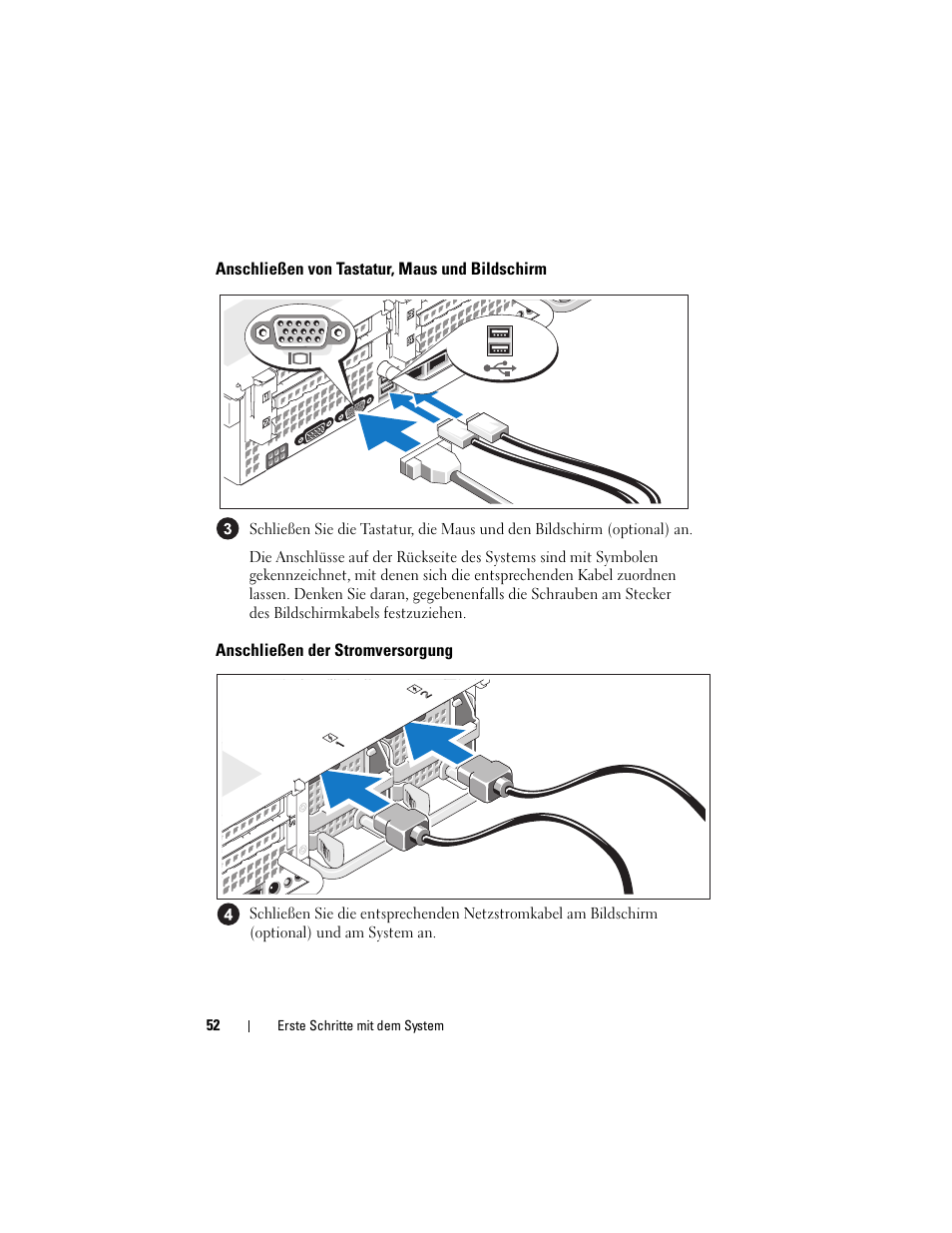 Anschließen von tastatur, maus und bildschirm, Anschließen der stromversorgung | Dell POWEREDGE R805 User Manual | Page 54 / 130