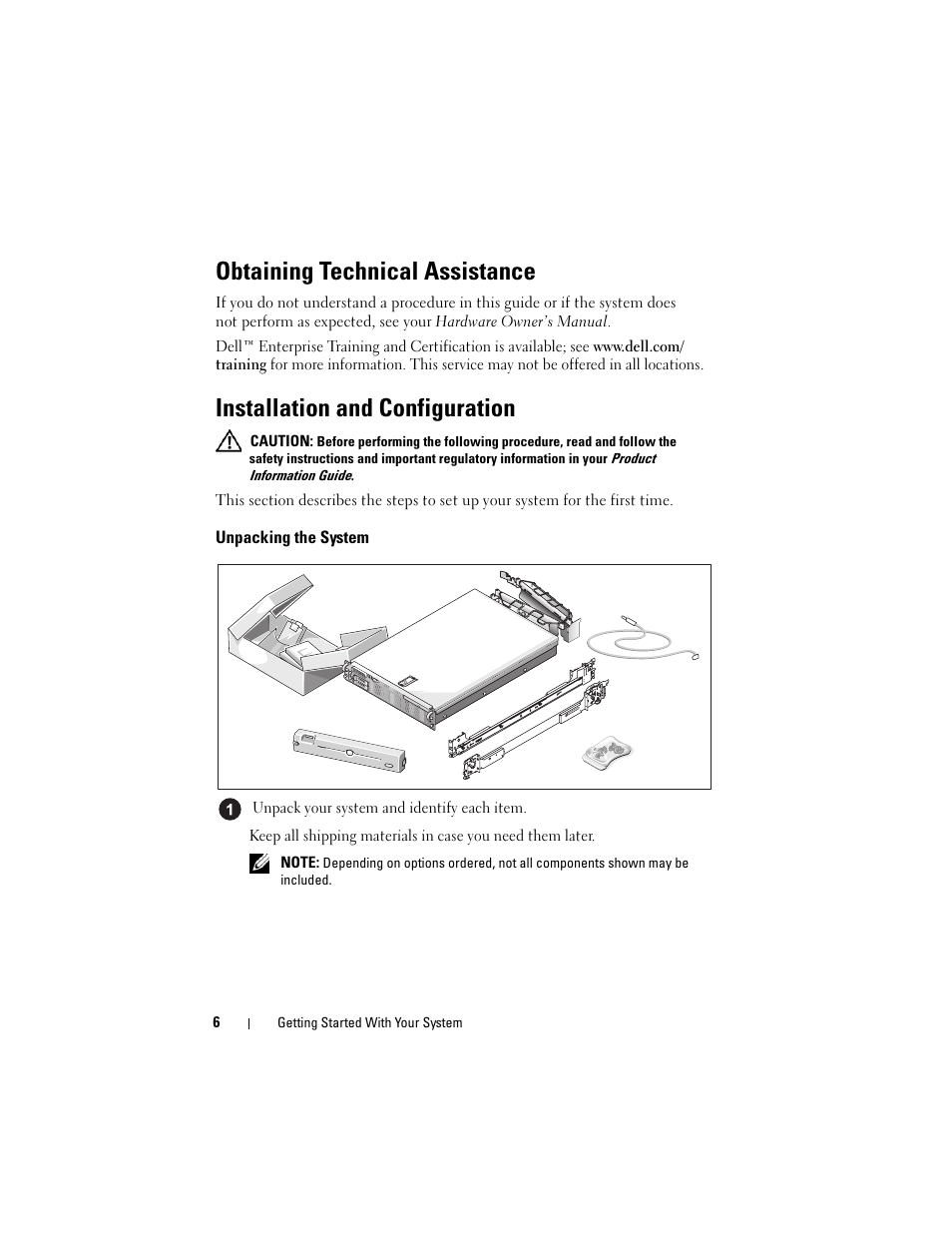 Obtaining technical assistance, Installation and configuration, Unpacking the system | Dell POWEREDGE R805 User Manual | Page 8 / 130