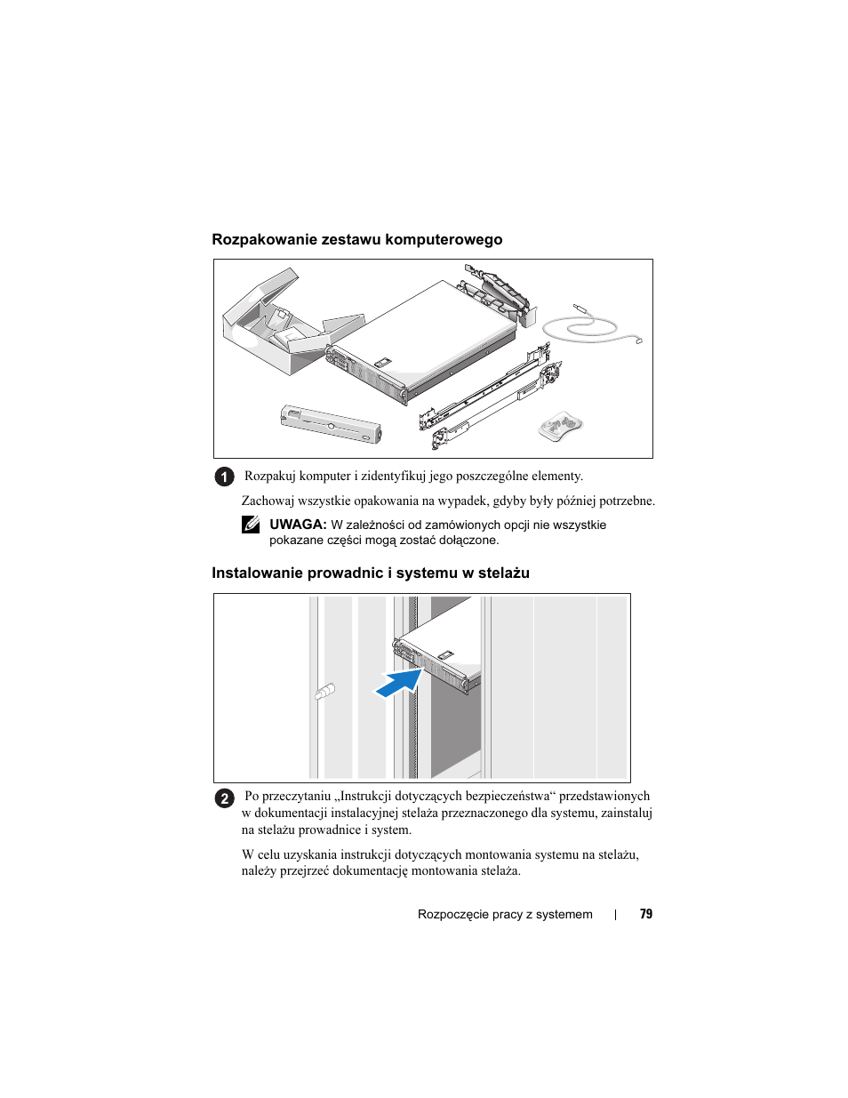 Rozpakowanie zestawu komputerowego, Instalowanie prowadnic i systemu w stelażu | Dell POWEREDGE R805 User Manual | Page 81 / 130