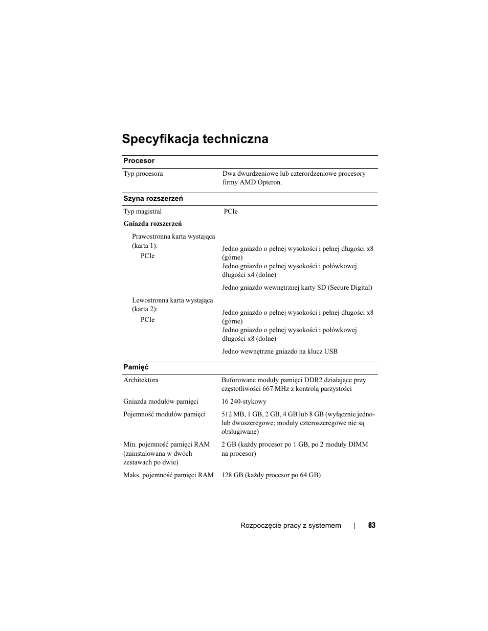 Specyfikacja techniczna | Dell POWEREDGE R805 User Manual | Page 85 / 130