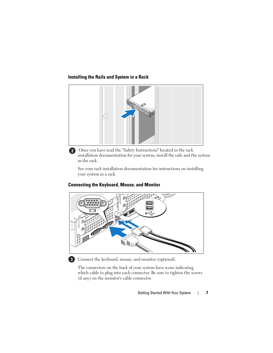 Installing the rails and system in a rack, Connecting the keyboard, mouse, and monitor | Dell POWEREDGE R805 User Manual | Page 9 / 130