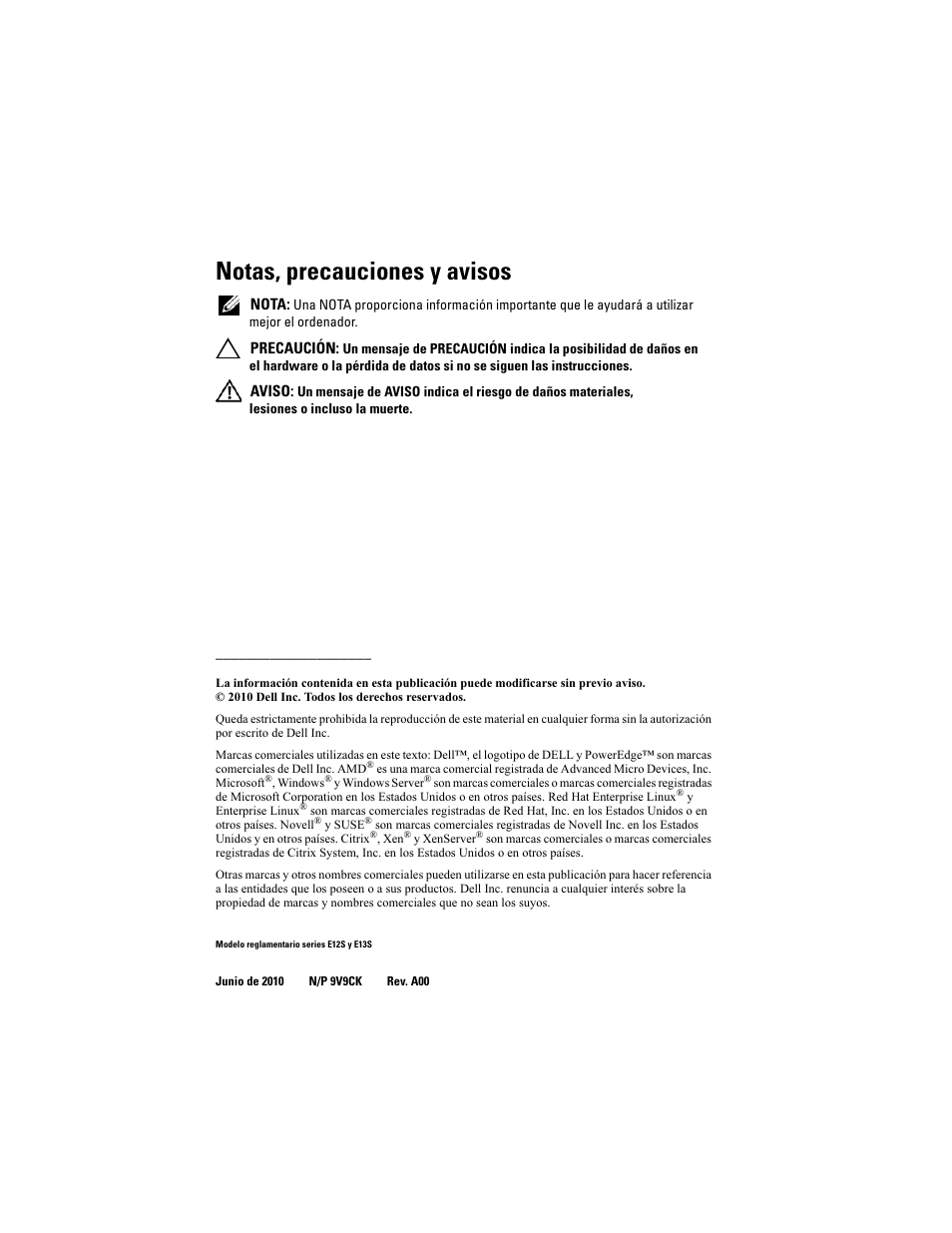 Notas, precauciones y avisos | Dell POWEREDGE R515 User Manual | Page 102 / 142