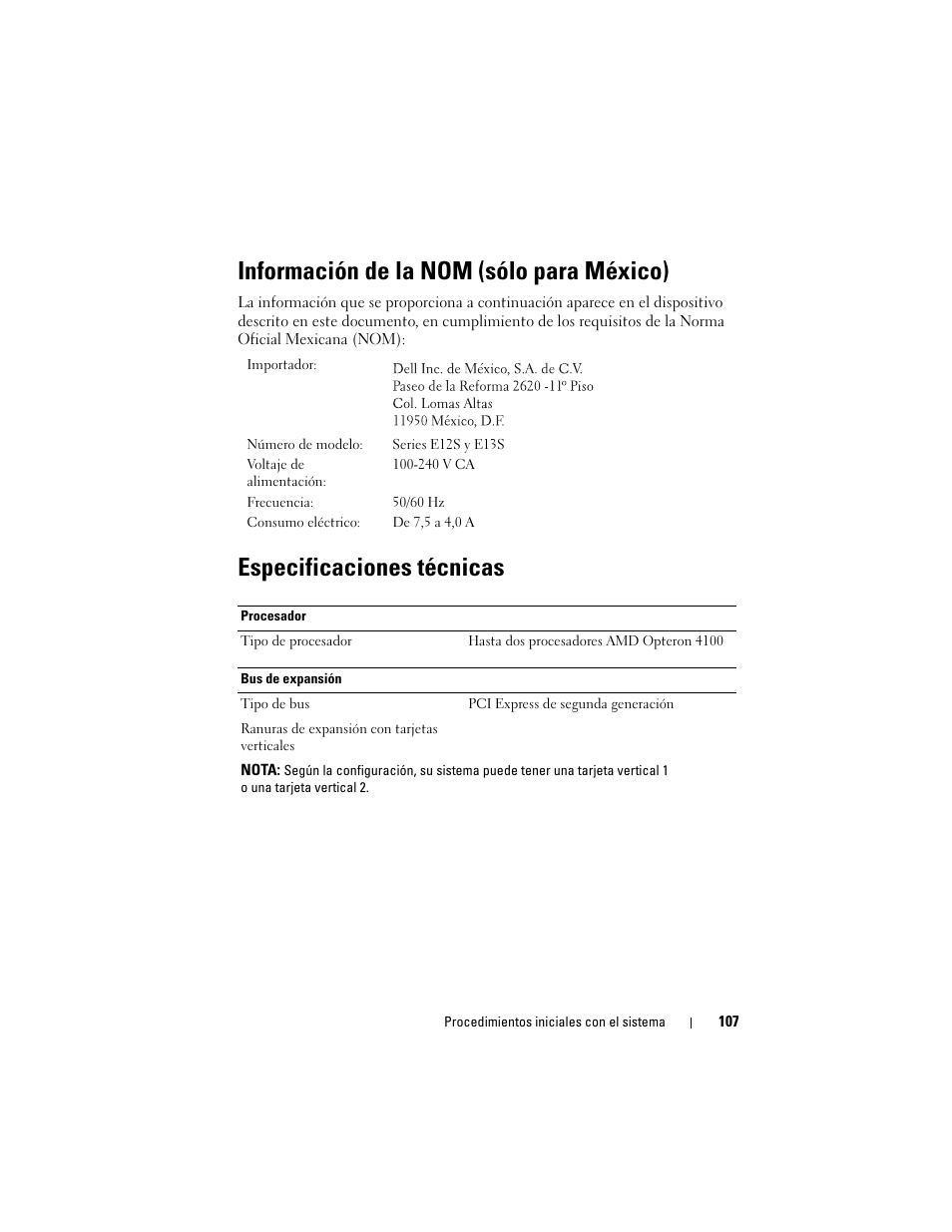 Información de la nom (sólo para méxico), Especificaciones técnicas | Dell POWEREDGE R515 User Manual | Page 109 / 142