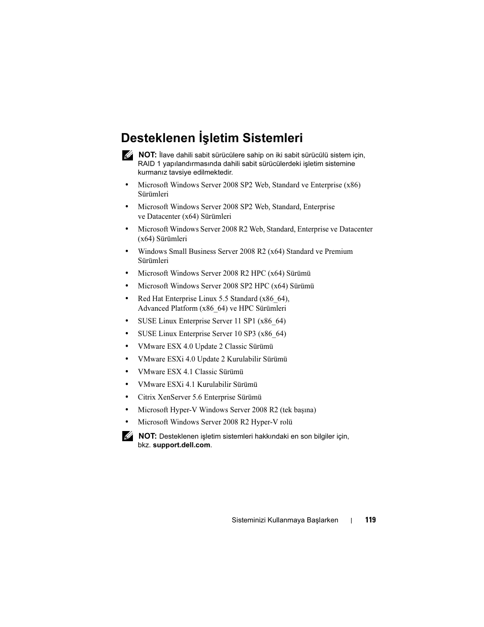 Desteklenen işletim sistemleri | Dell POWEREDGE R515 User Manual | Page 121 / 142