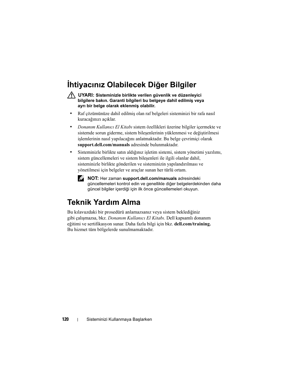 Ihtiyacınız olabilecek diğer bilgiler, Teknik yardım alma | Dell POWEREDGE R515 User Manual | Page 122 / 142