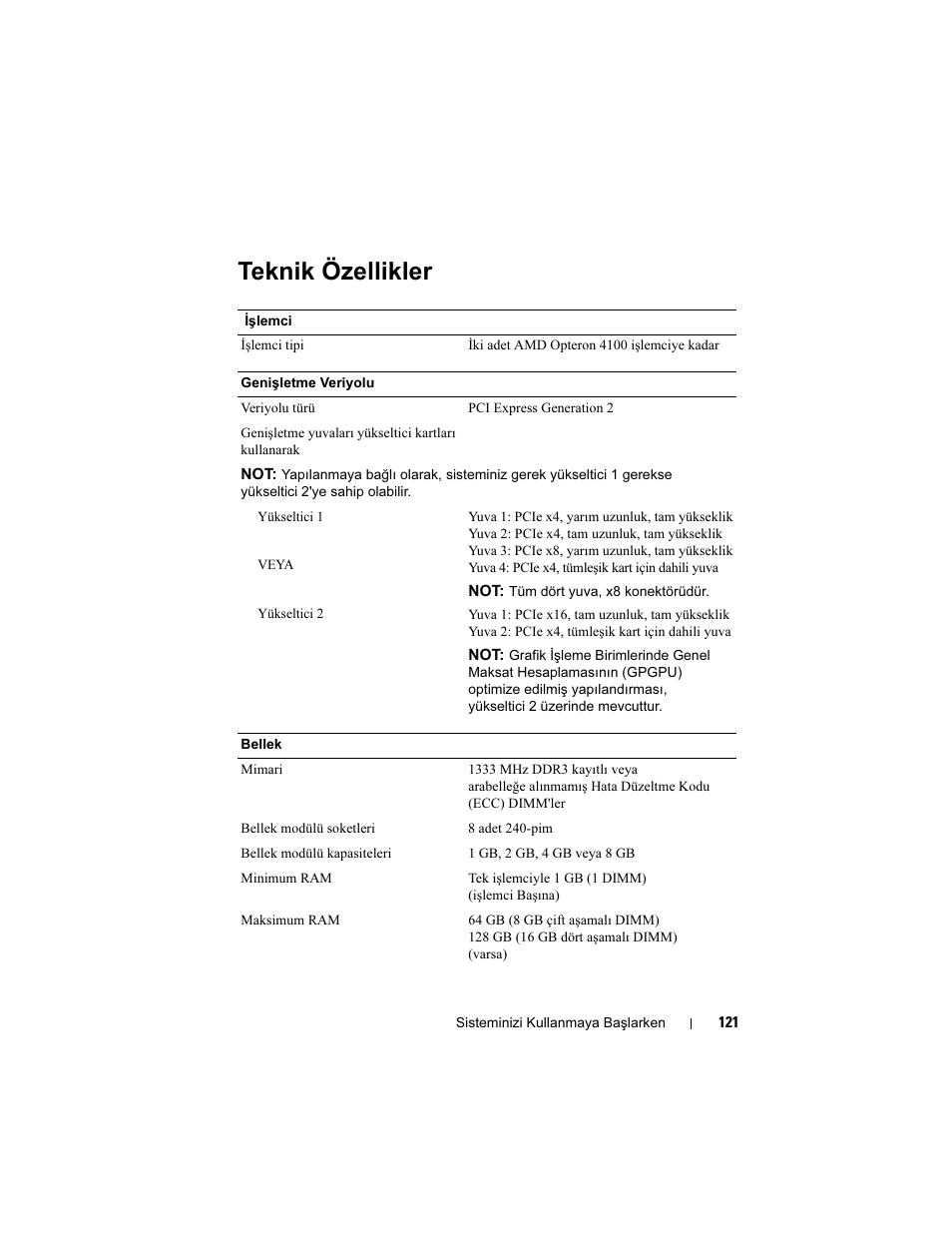 Teknik özellikler | Dell POWEREDGE R515 User Manual | Page 123 / 142