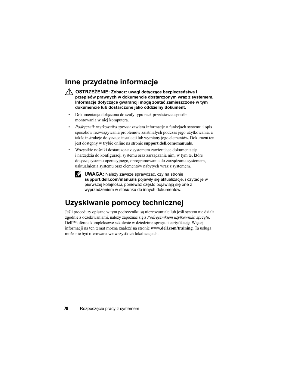 Inne przydatne informacje, Uzyskiwanie pomocy technicznej | Dell POWEREDGE R515 User Manual | Page 80 / 142