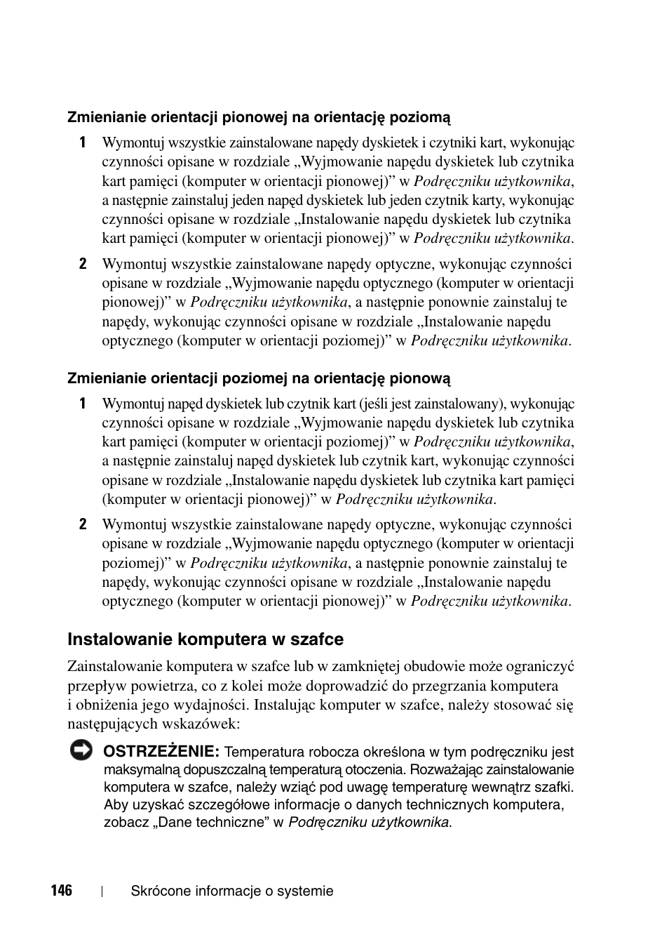 Instalowanie komputera w szafce | Dell Precision T5400 User Manual | Page 146 / 340