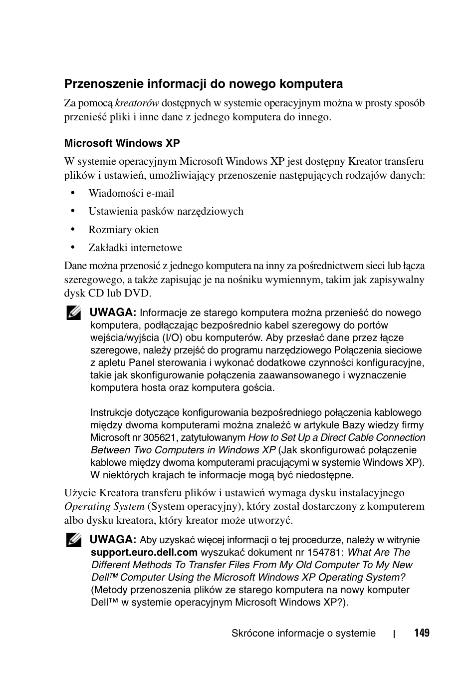 Przenoszenie informacji do nowego komputera | Dell Precision T5400 User Manual | Page 149 / 340