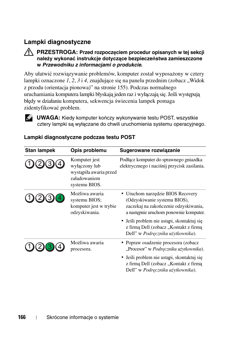 Lampki diagnostyczne | Dell Precision T5400 User Manual | Page 166 / 340