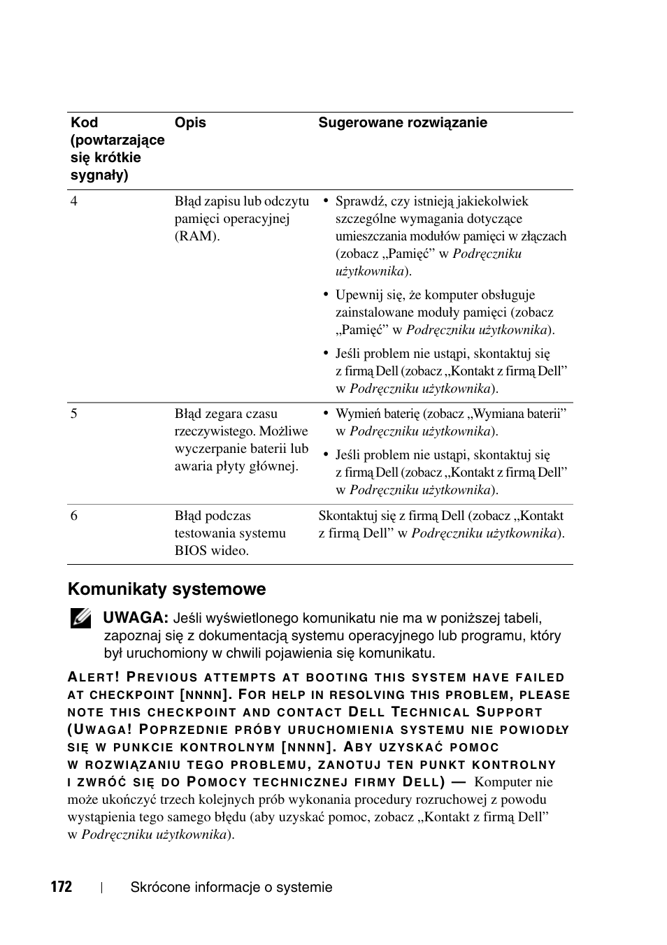 Komunikaty systemowe | Dell Precision T5400 User Manual | Page 172 / 340