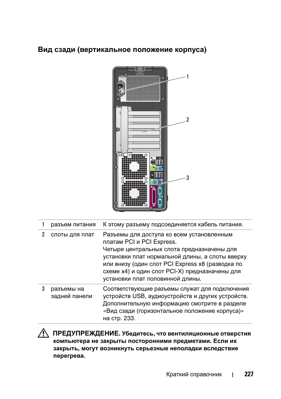 Вид сзади (вертикальное положение корпуса), Вид сзади (вертикальное, Положение корпуса) | Вид сзади ( вертикальное положение корпуса ) | Dell Precision T5400 User Manual | Page 227 / 340