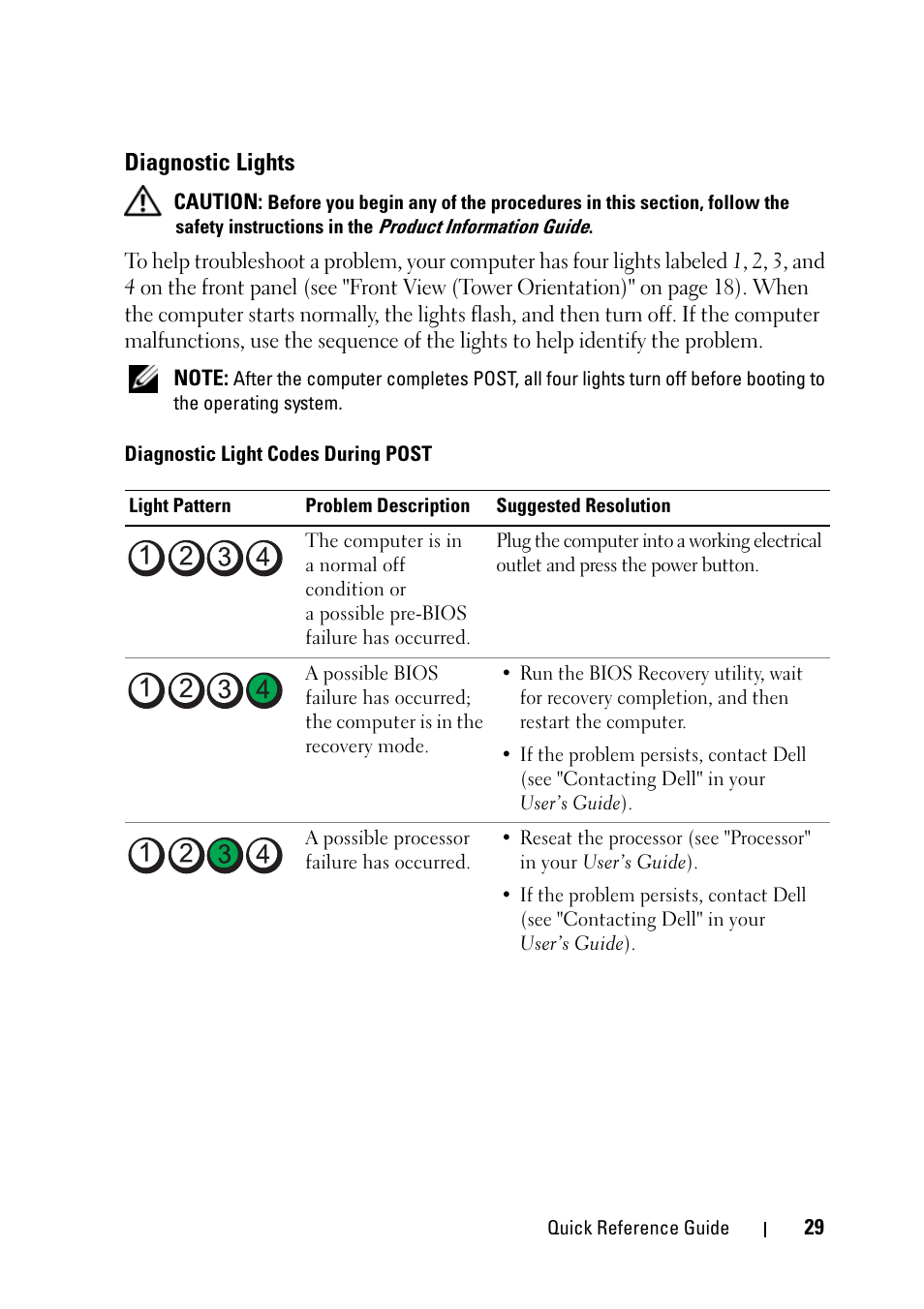 Diagnostic lights | Dell Precision T5400 User Manual | Page 29 / 340