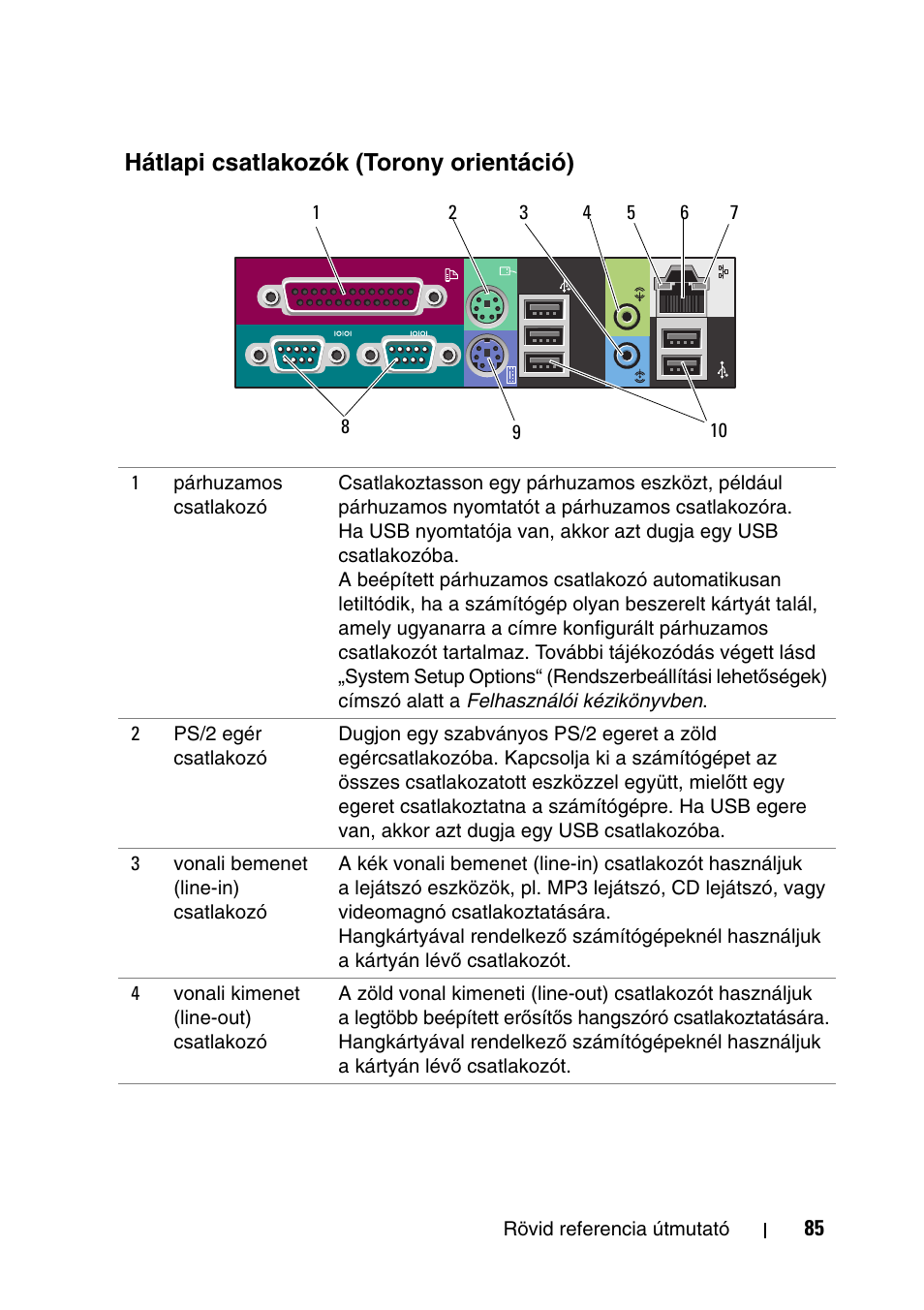 Hátlapi csatlakozók (torony orientáció) | Dell Precision T5400 User Manual | Page 85 / 340