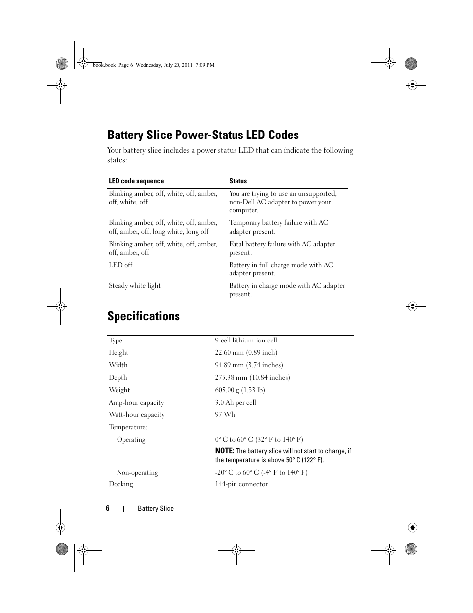 Battery slice power-status led codes, Specifications | Dell Latitude E5520 User Manual | Page 8 / 96