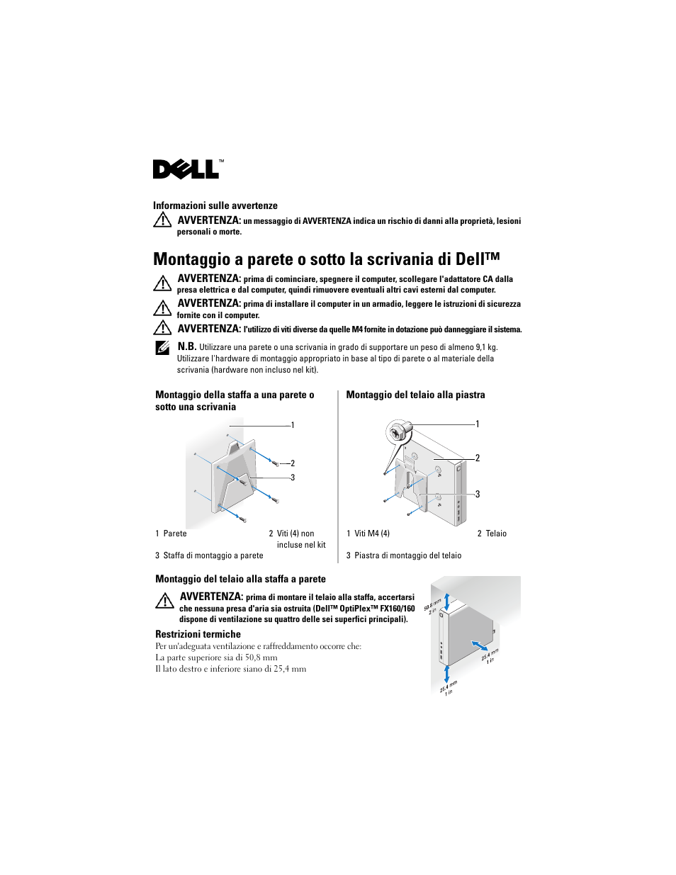 Montaggio a parete o sotto la scrivania di dell | Dell OptiPlex 160 User Manual | Page 11 / 20