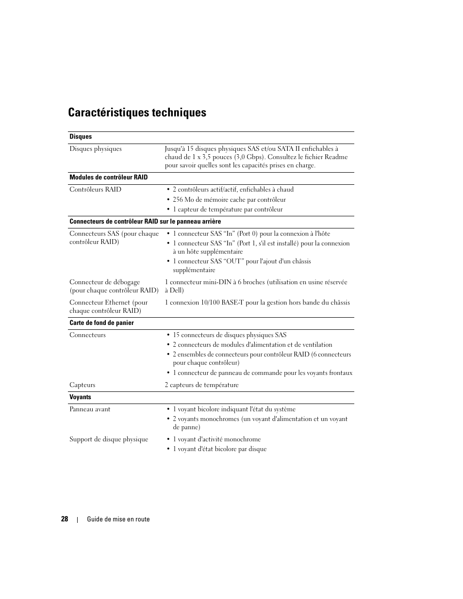 Caractéristiques techniques | Dell PowerVault MD3000 User Manual | Page 30 / 104