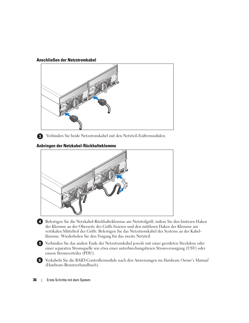 Anschließen der netzstromkabel, Anbringen der netzkabel-rückhalteklemme | Dell PowerVault MD3000 User Manual | Page 38 / 104