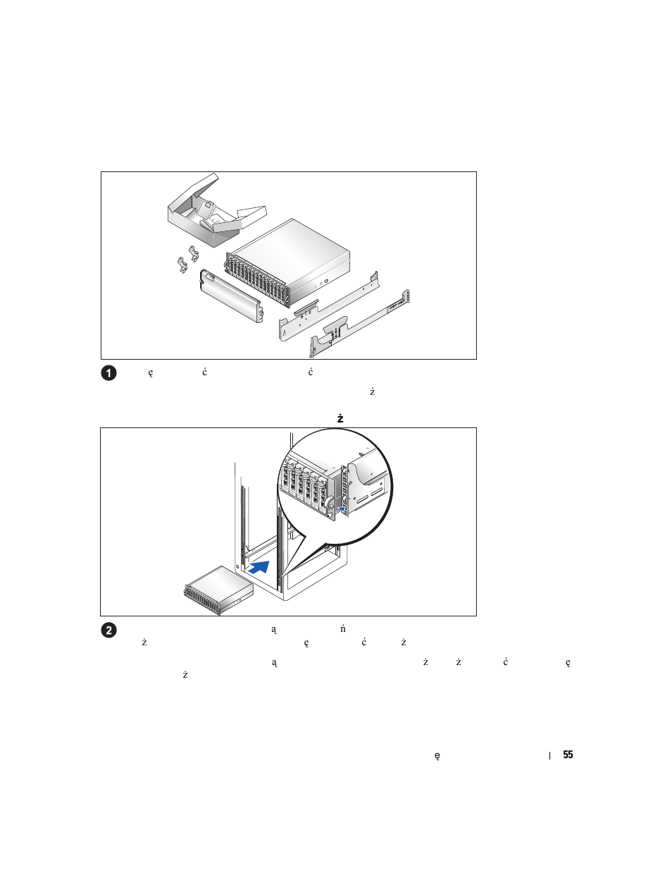 Rozpakowanie systemu, Instalowanie prowadnic i systemu w stelażu | Dell PowerVault MD3000 User Manual | Page 57 / 104