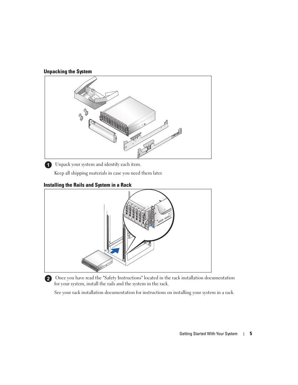Unpacking the system, Installing the rails and system in a rack | Dell PowerVault MD3000 User Manual | Page 7 / 104