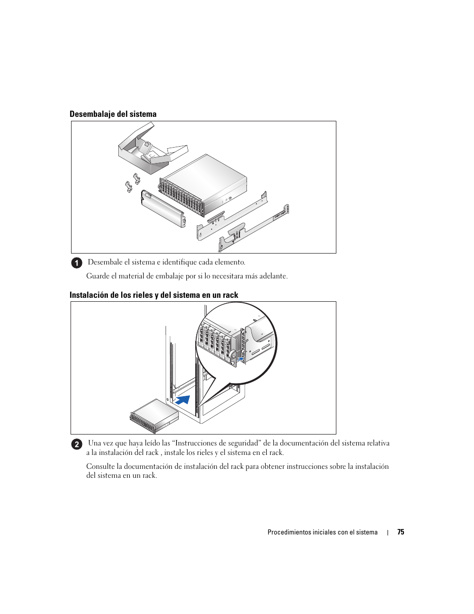 Desembalaje del sistema, Instalación de los rieles y del sistema en un rack | Dell PowerVault MD3000 User Manual | Page 77 / 104