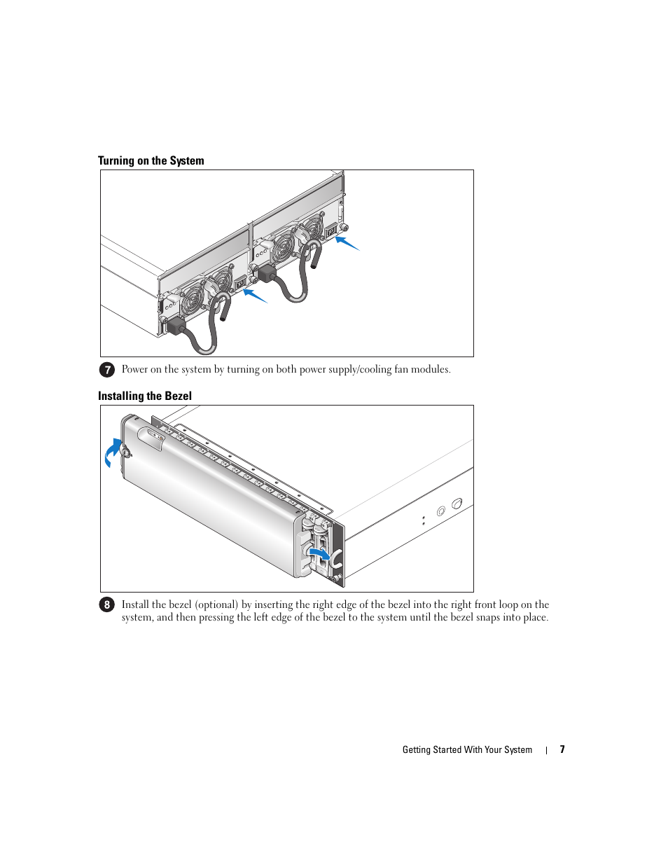 Turning on the system, Installing the bezel | Dell PowerVault MD3000 User Manual | Page 9 / 104