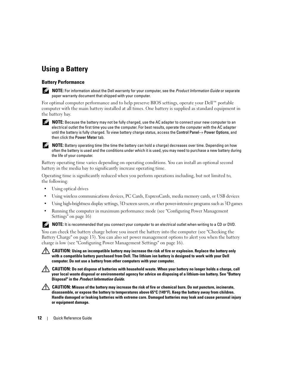 Using a battery, Battery performance | Dell Precision M4300 User Manual | Page 12 / 246