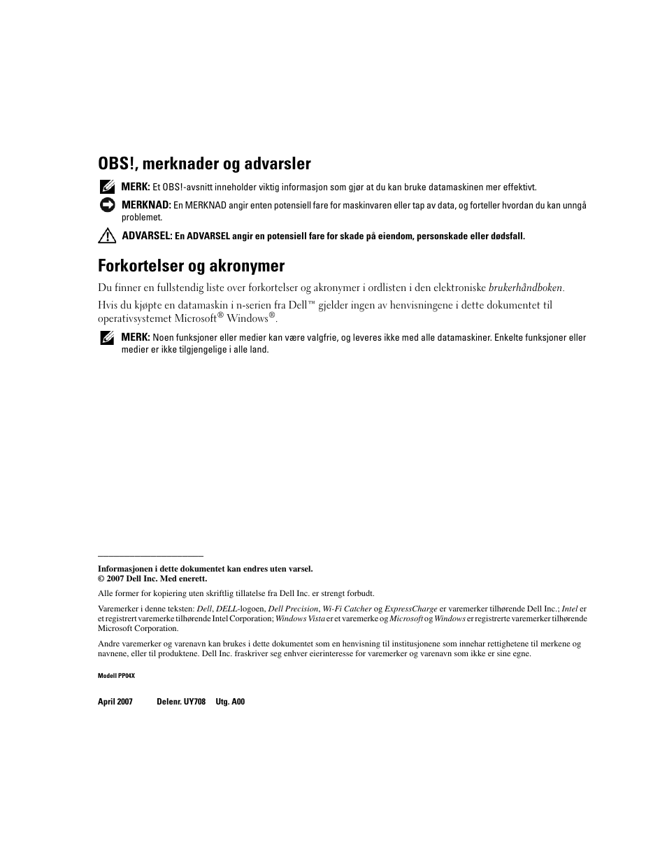 Obs!, merknader og advarsler, Forkortelser og akronymer | Dell Precision M4300 User Manual | Page 124 / 246