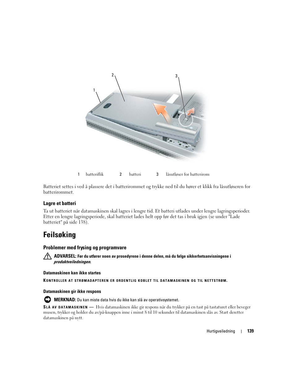 Lagre et batteri, Feilsøking, Problemer med frysing og programvare | Dell Precision M4300 User Manual | Page 139 / 246