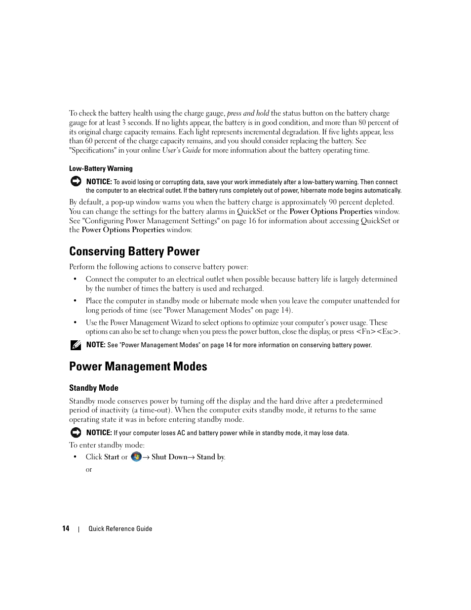 Conserving battery power, Power management modes, Standby mode | Dell Precision M4300 User Manual | Page 14 / 246