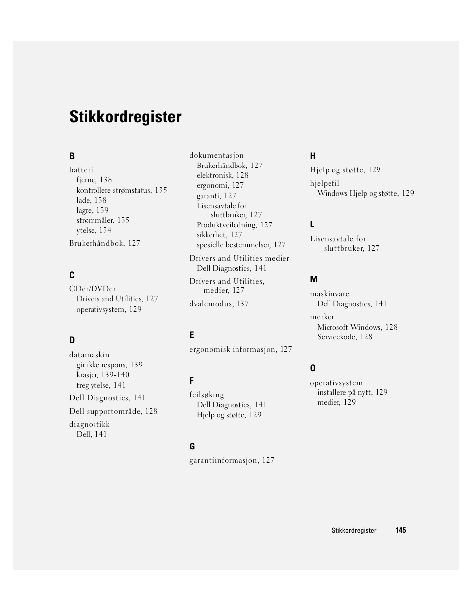 Stikkordregister | Dell Precision M4300 User Manual | Page 145 / 246