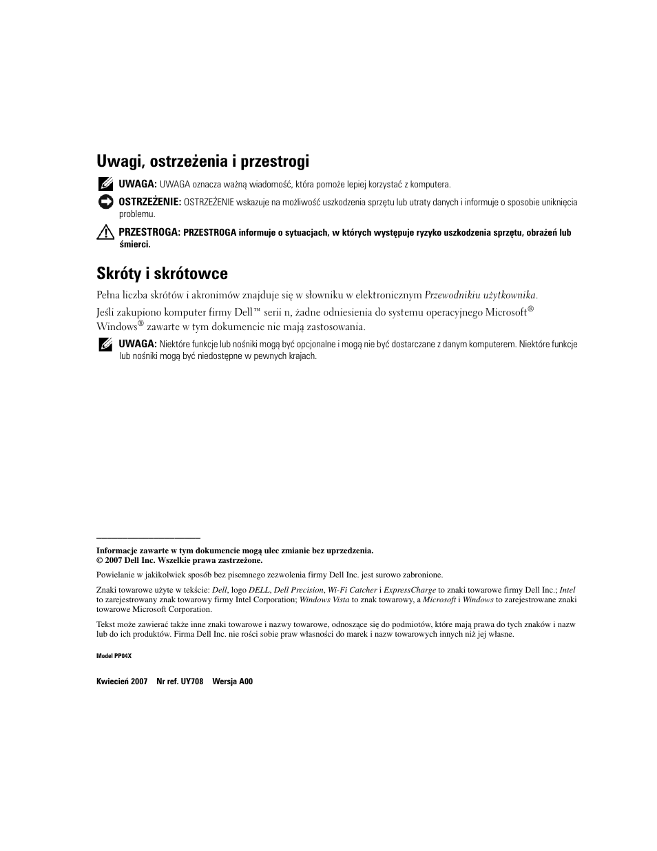 Uwagi, ostrzeżenia i przestrogi, Skróty i skrótowce | Dell Precision M4300 User Manual | Page 148 / 246