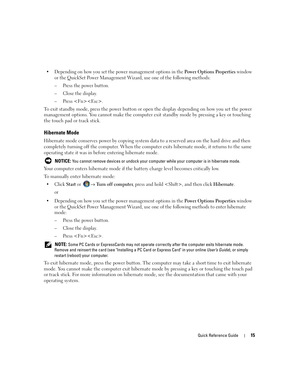 Hibernate mode | Dell Precision M4300 User Manual | Page 15 / 246