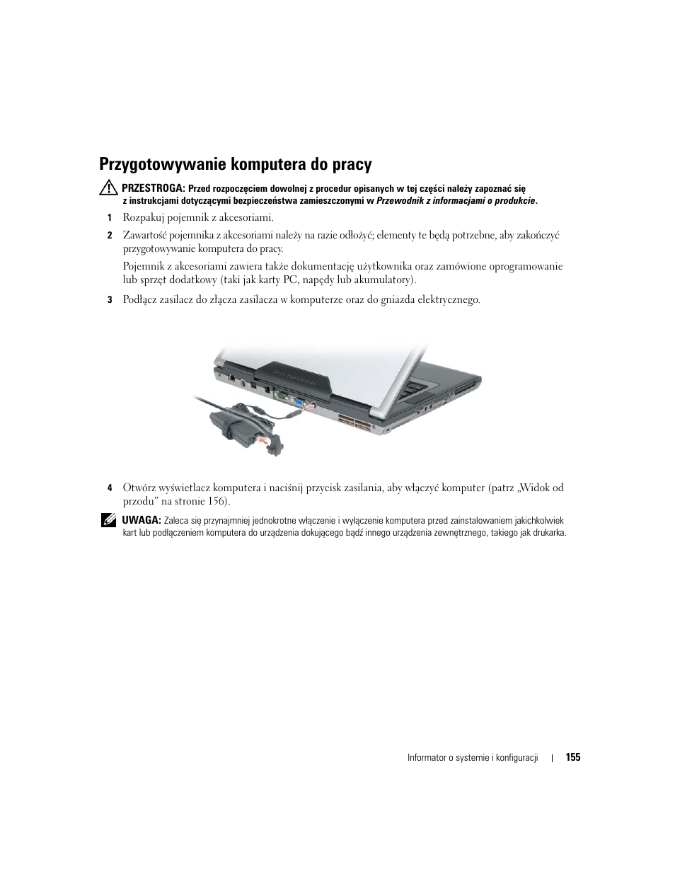 Przygotowywanie komputera do pracy | Dell Precision M4300 User Manual | Page 155 / 246