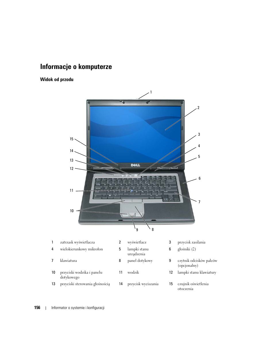 Informacje o komputerze, Widok od przodu | Dell Precision M4300 User Manual | Page 156 / 246