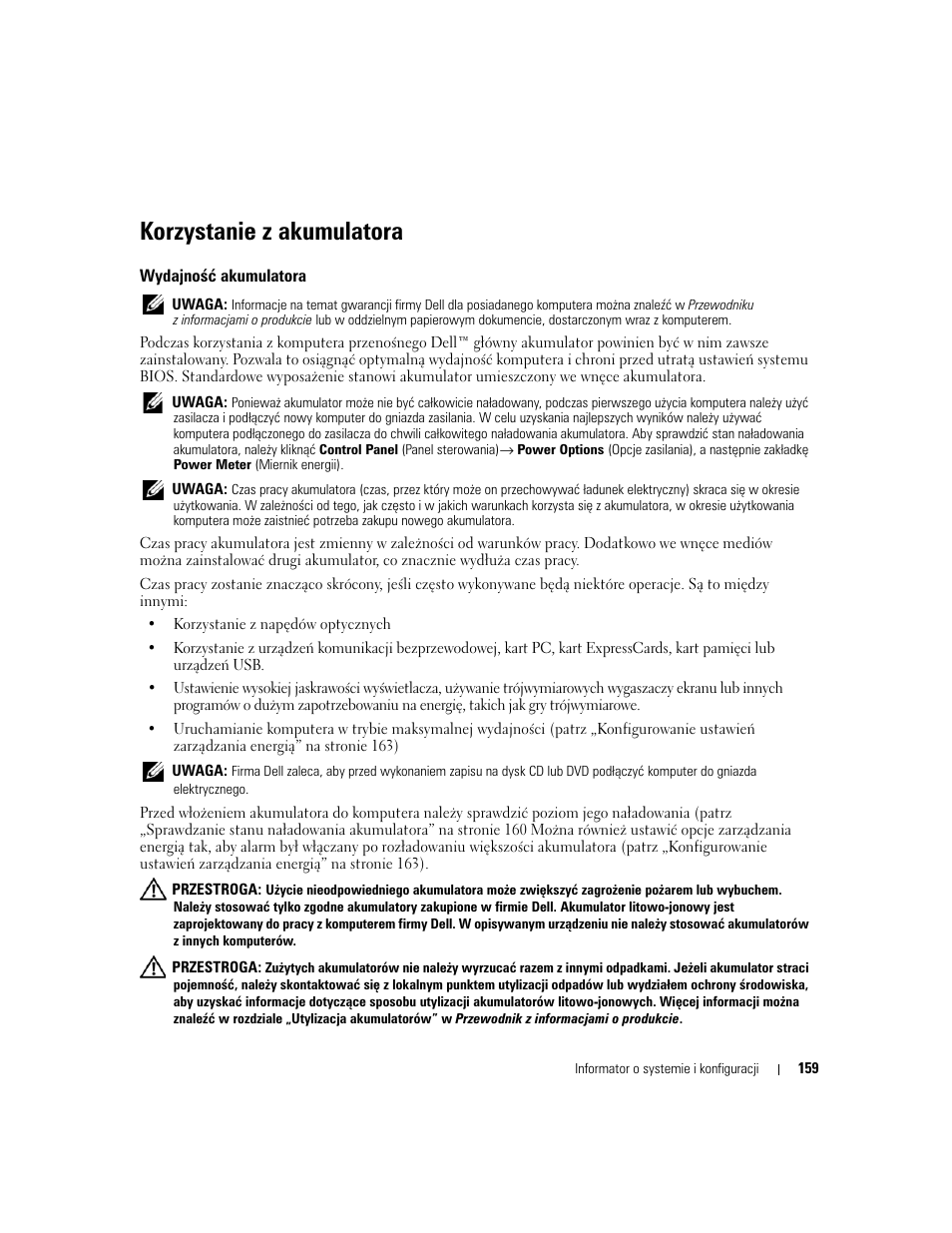Korzystanie z akumulatora, Wydajność akumulatora | Dell Precision M4300 User Manual | Page 159 / 246