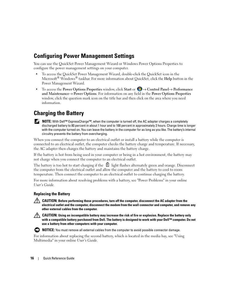 Configuring power management settings, Charging the battery, Replacing the battery | Dell Precision M4300 User Manual | Page 16 / 246