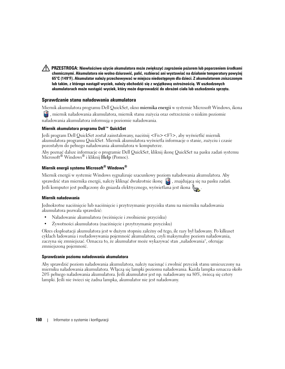 Sprawdzanie stanu naładowania akumulatora | Dell Precision M4300 User Manual | Page 160 / 246