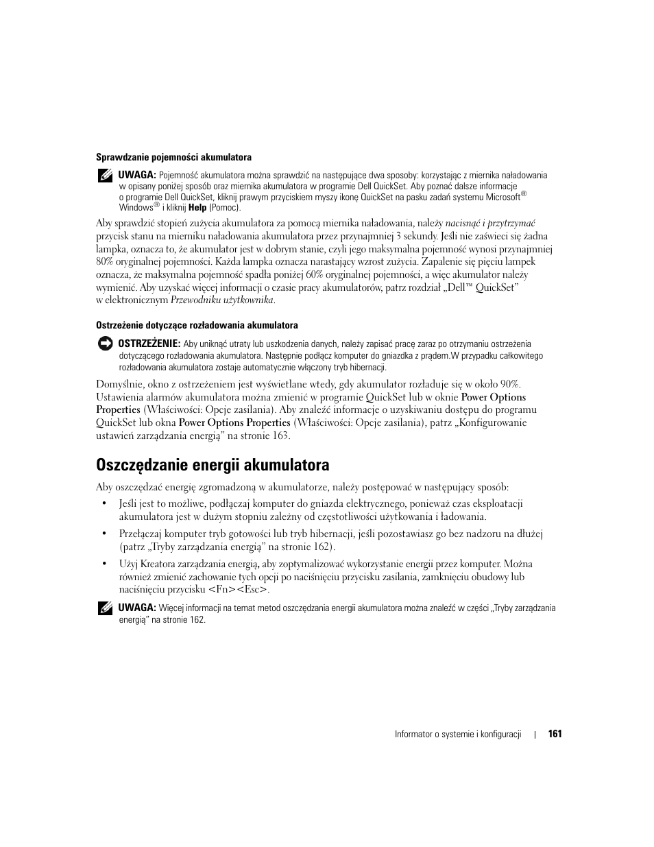 Oszczędzanie energii akumulatora | Dell Precision M4300 User Manual | Page 161 / 246